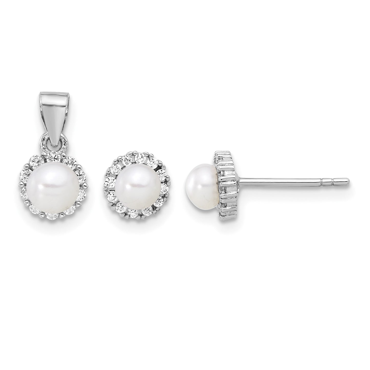 Sterling Silver Rh-plated 4-4.5mm FWC Pearl and CZ Earrings and Pendant Set