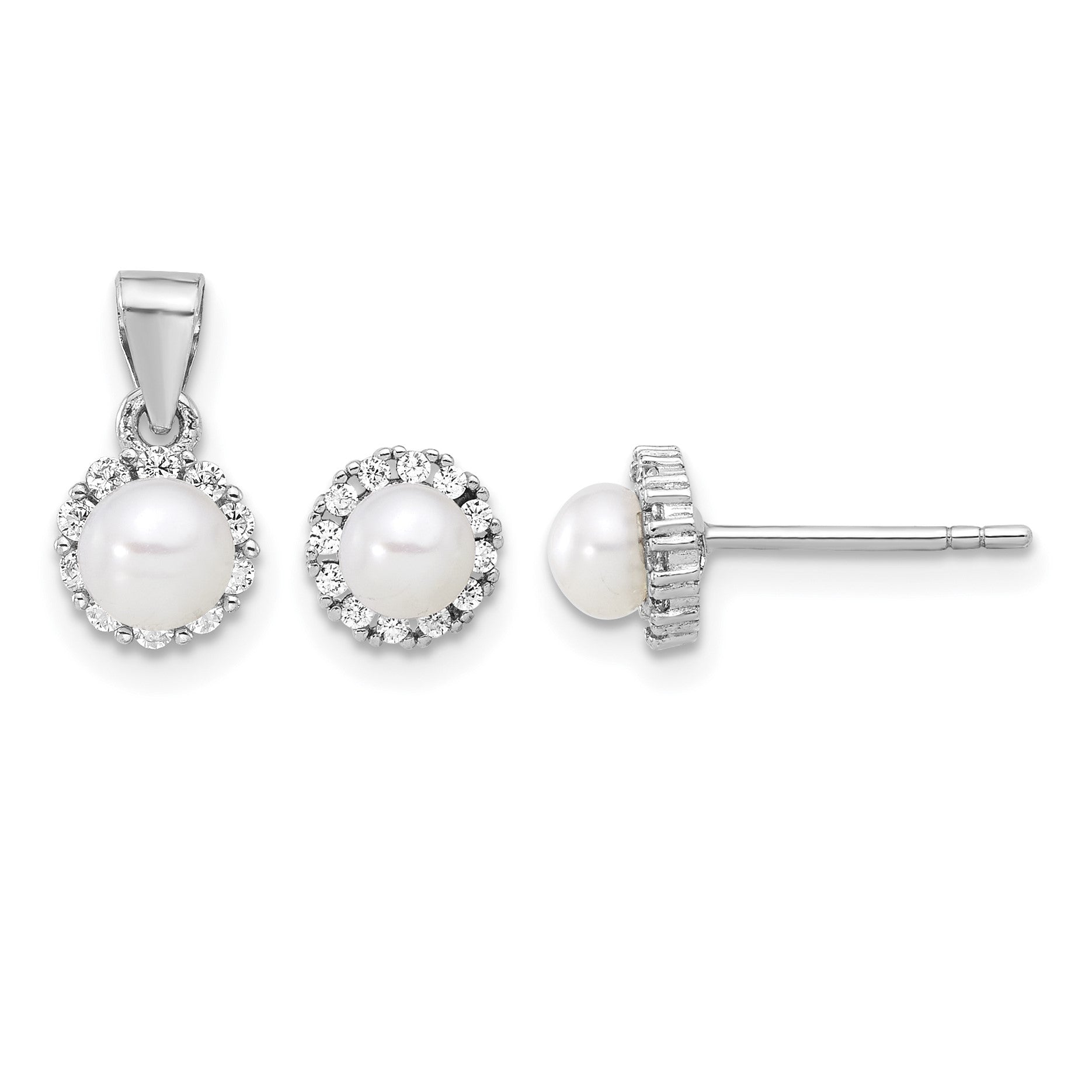 Sterling Silver Rh-plated 4-4.5mm FWC Pearl and CZ Earrings and Pendant Set