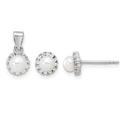 Sterling Silver Rh-plated 4-4.5mm FWC Pearl and CZ Earrings and Pendant Set
