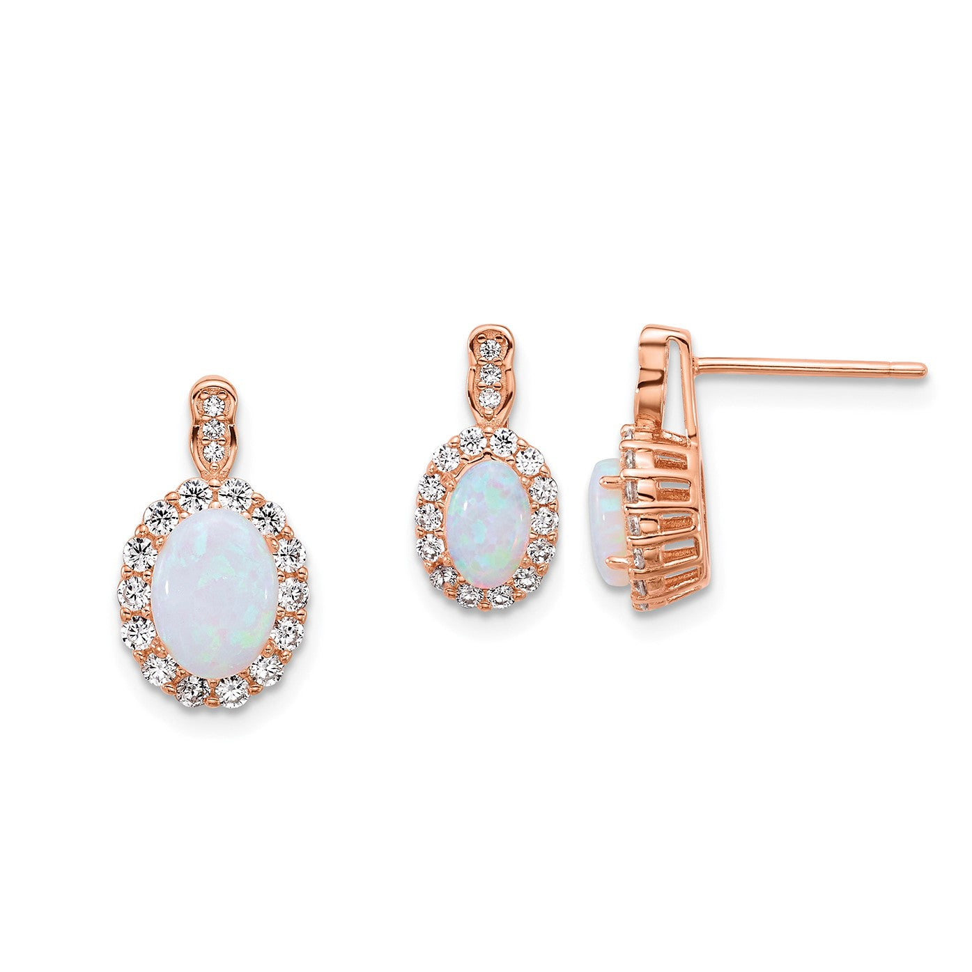 Sterling Silver Rose-tone Polished Lab Created Opal and CZ Oval Halo Post Earrings and Chain Slide Pendant Set