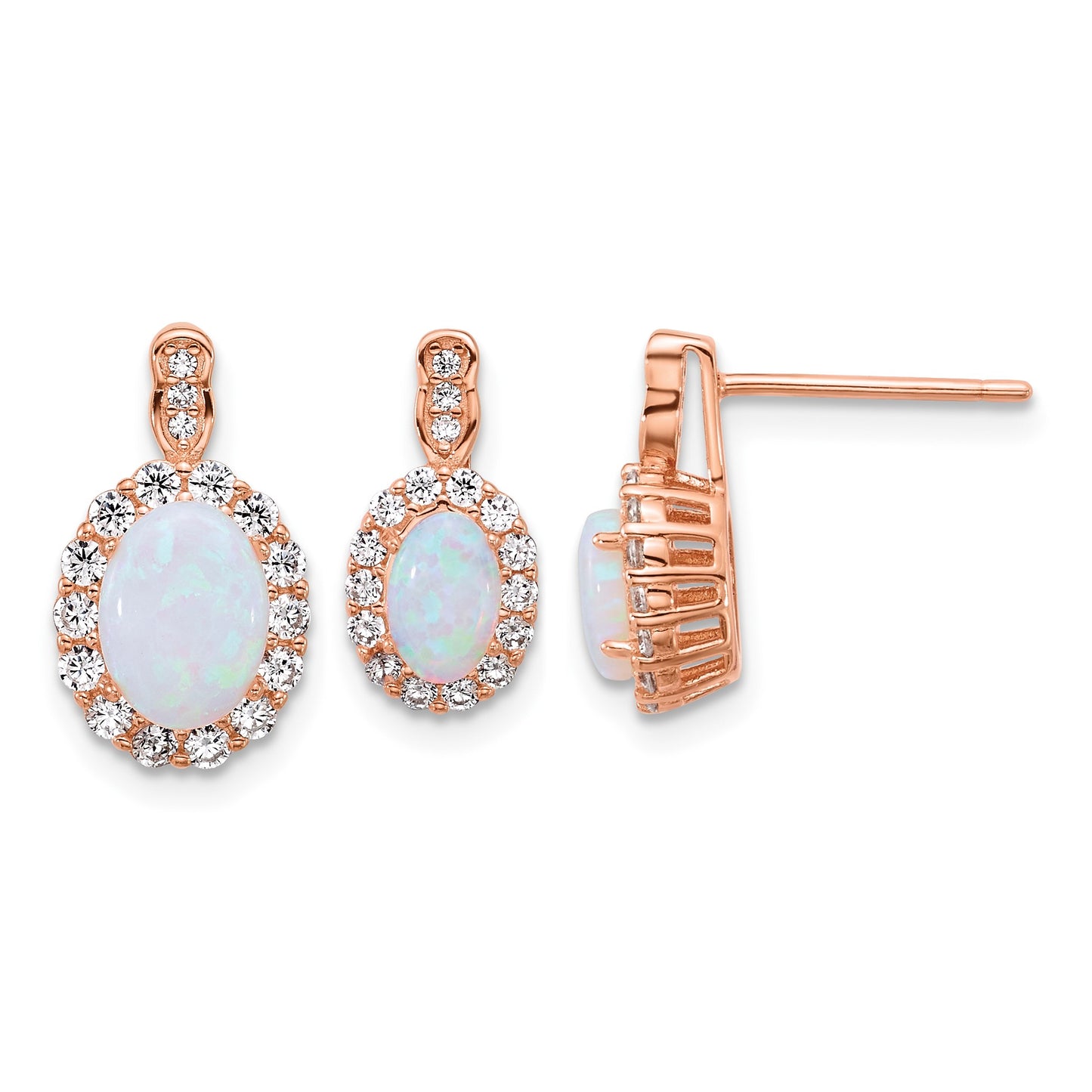 Sterling Silver Rose-tone Polished Lab Created Opal and CZ Oval Halo Post Earrings and Chain Slide Pendant Set