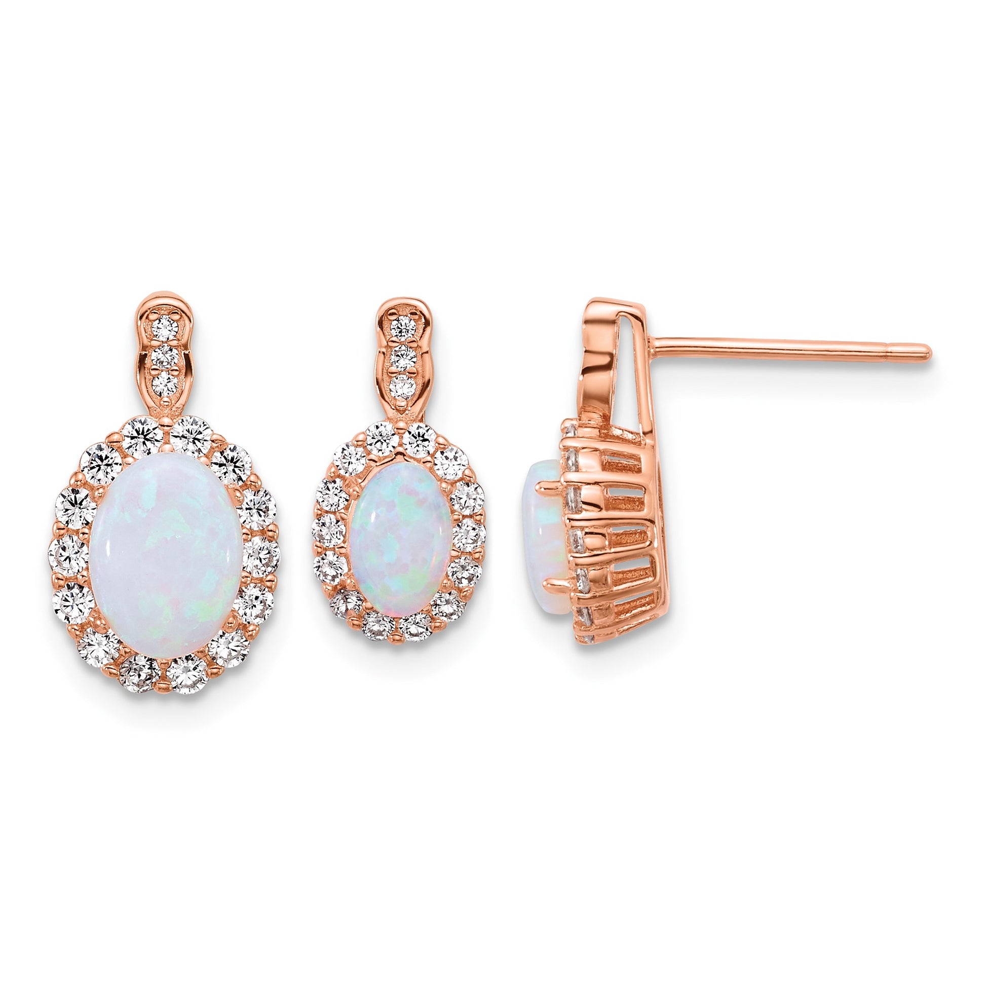 Sterling Silver Rose-tone Polished Lab Created Opal and CZ Oval Halo Post Earrings and Chain Slide Pendant Set