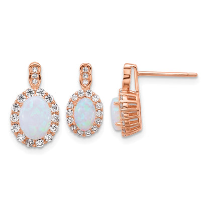 Sterling Silver Rose-tone Polished Lab Created Opal and CZ Oval Halo Post Earrings and Chain Slide Pendant Set