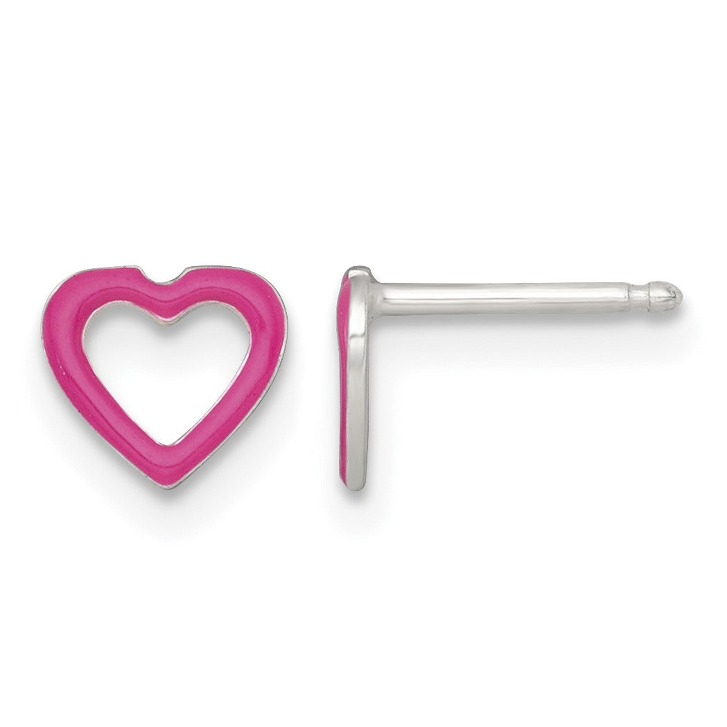 Sterling Silver Polished Pink Enamel Open Heart Childrens 14 inch Necklace and Post Earrings Set