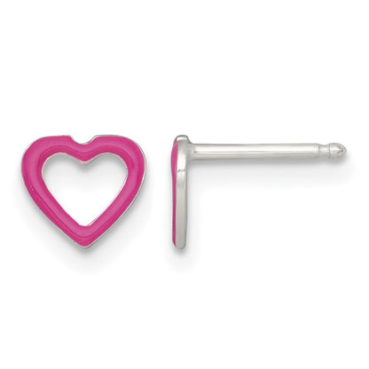 Sterling Silver Polished Pink Enamel Open Heart Childrens 14 inch Necklace and Post Earrings Set