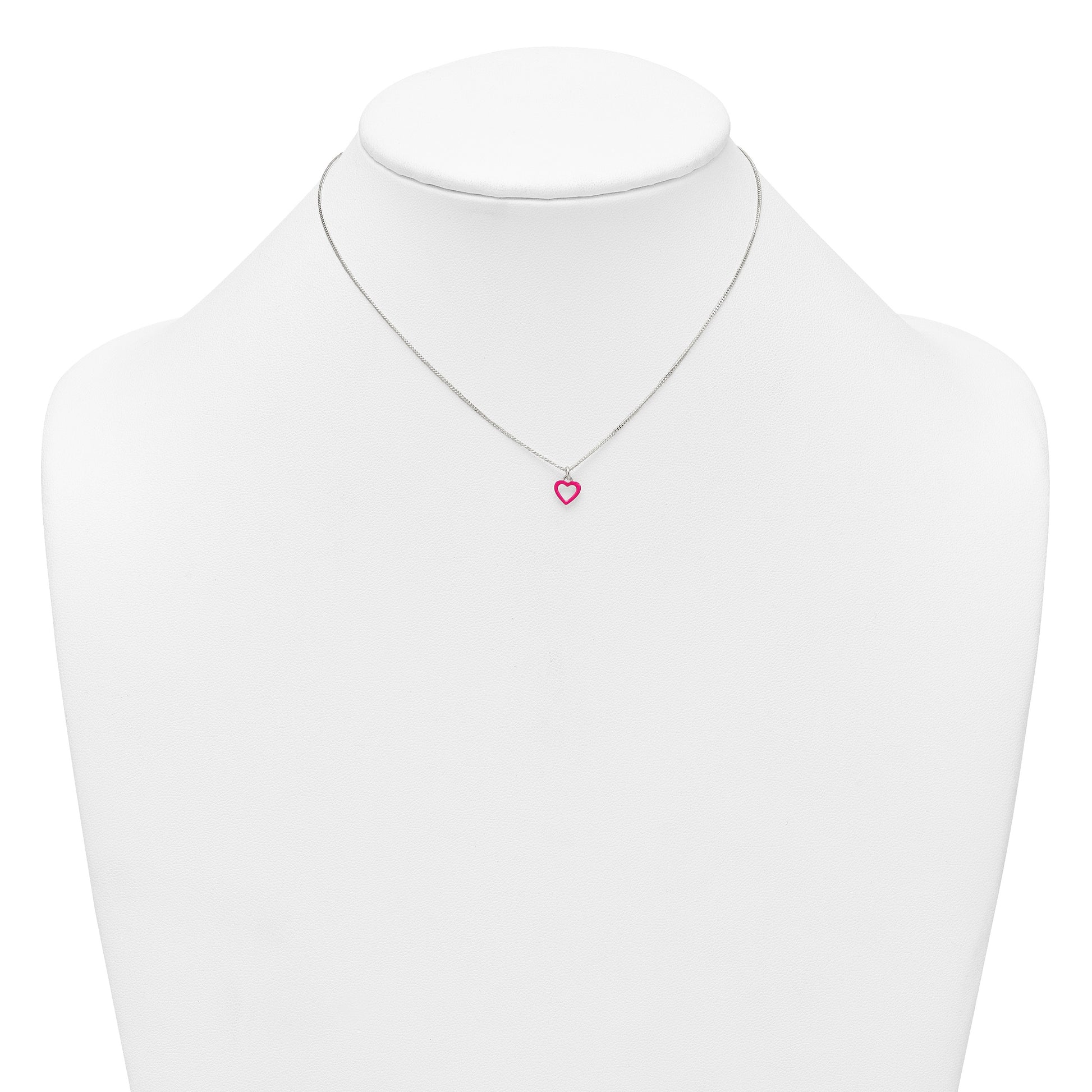 Sterling Silver Polished Pink Enamel Open Heart Childrens 14 inch Necklace and Post Earrings Set