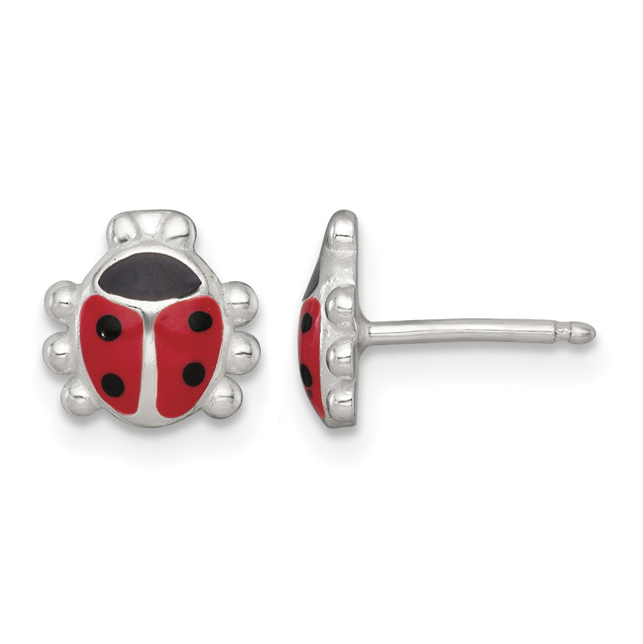 Sterling Silver Polished Red and Black Enameled Ladybug Childrens 14 inch Necklace and Post Earrings Set