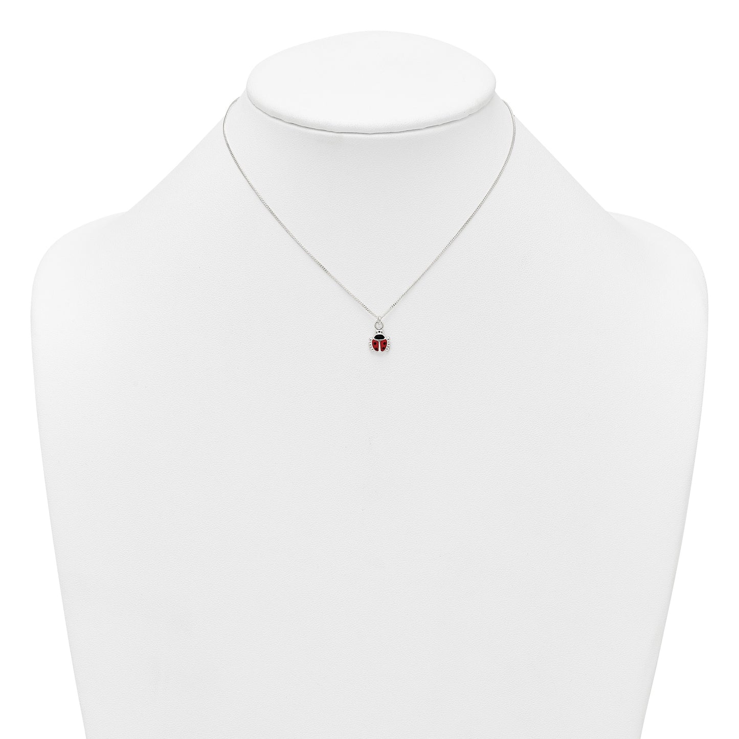 Sterling Silver Polished Red and Black Enameled Ladybug Childrens 14 inch Necklace and Post Earrings Set