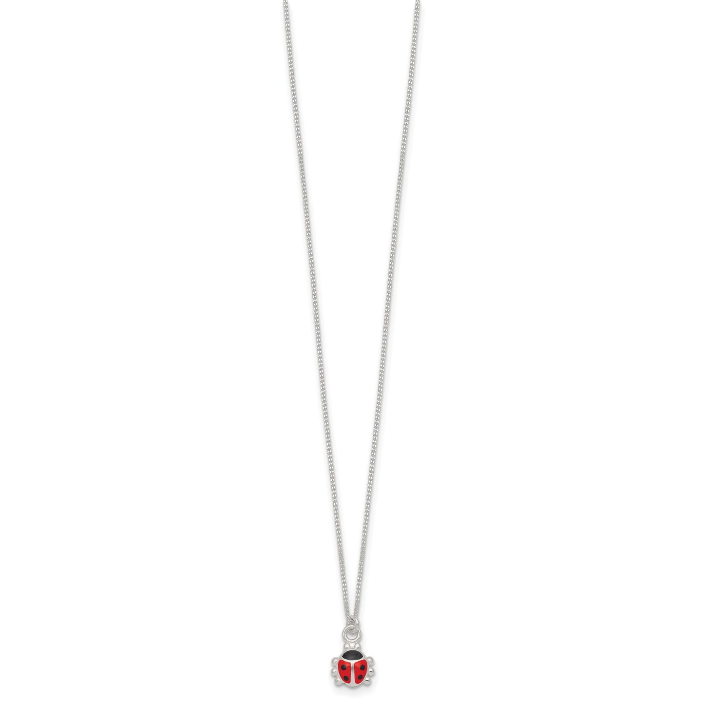 Sterling Silver Polished Red and Black Enameled Ladybug Childrens 14 inch Necklace and Post Earrings Set