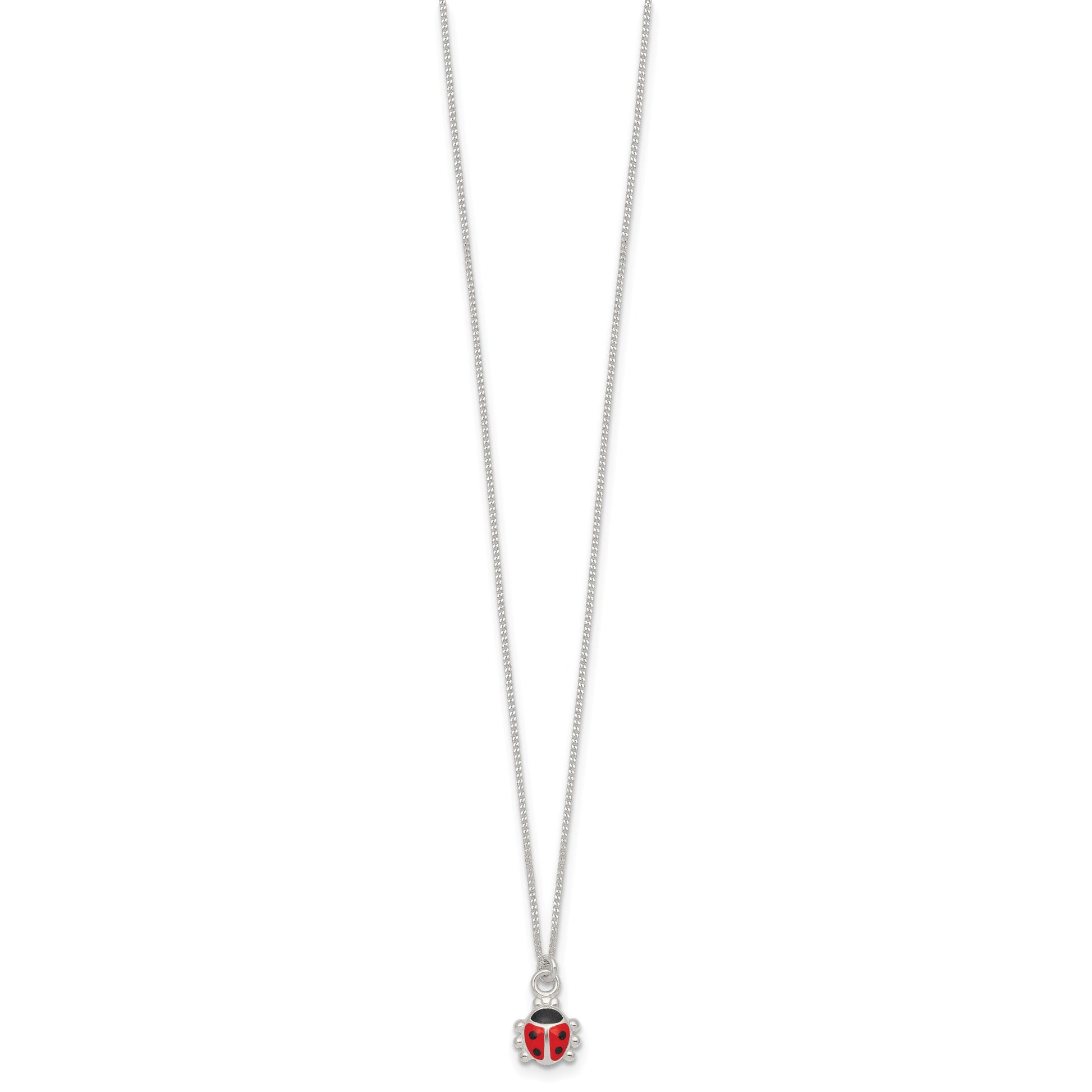 Sterling Silver Polished Red and Black Enameled Ladybug Childrens 14 inch Necklace and Post Earrings Set