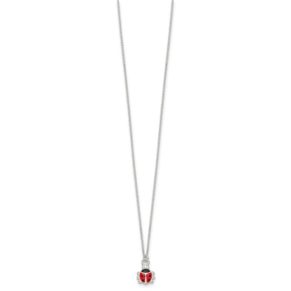 Sterling Silver Polished Red and Black Enameled Ladybug Childrens 14 inch Necklace and Post Earrings Set