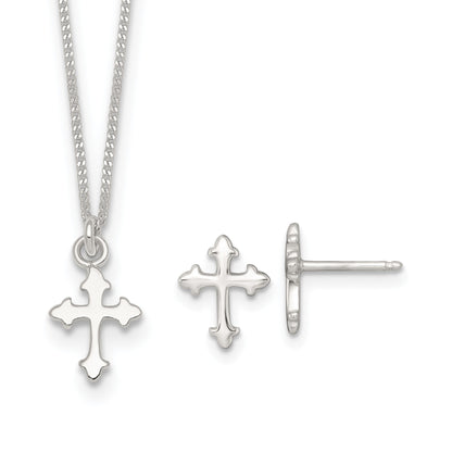 Sterling Silver Polished Cross Childrens 14 inch Necklace and Post Earrings Set
