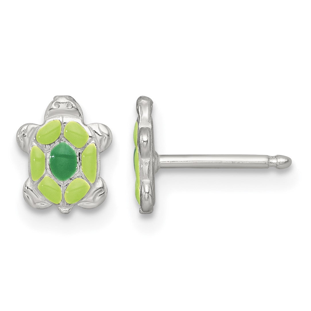 Sterling Silver Polished Green Enameled Turtle Childrens 14 inch Necklace and Post Earrings Set