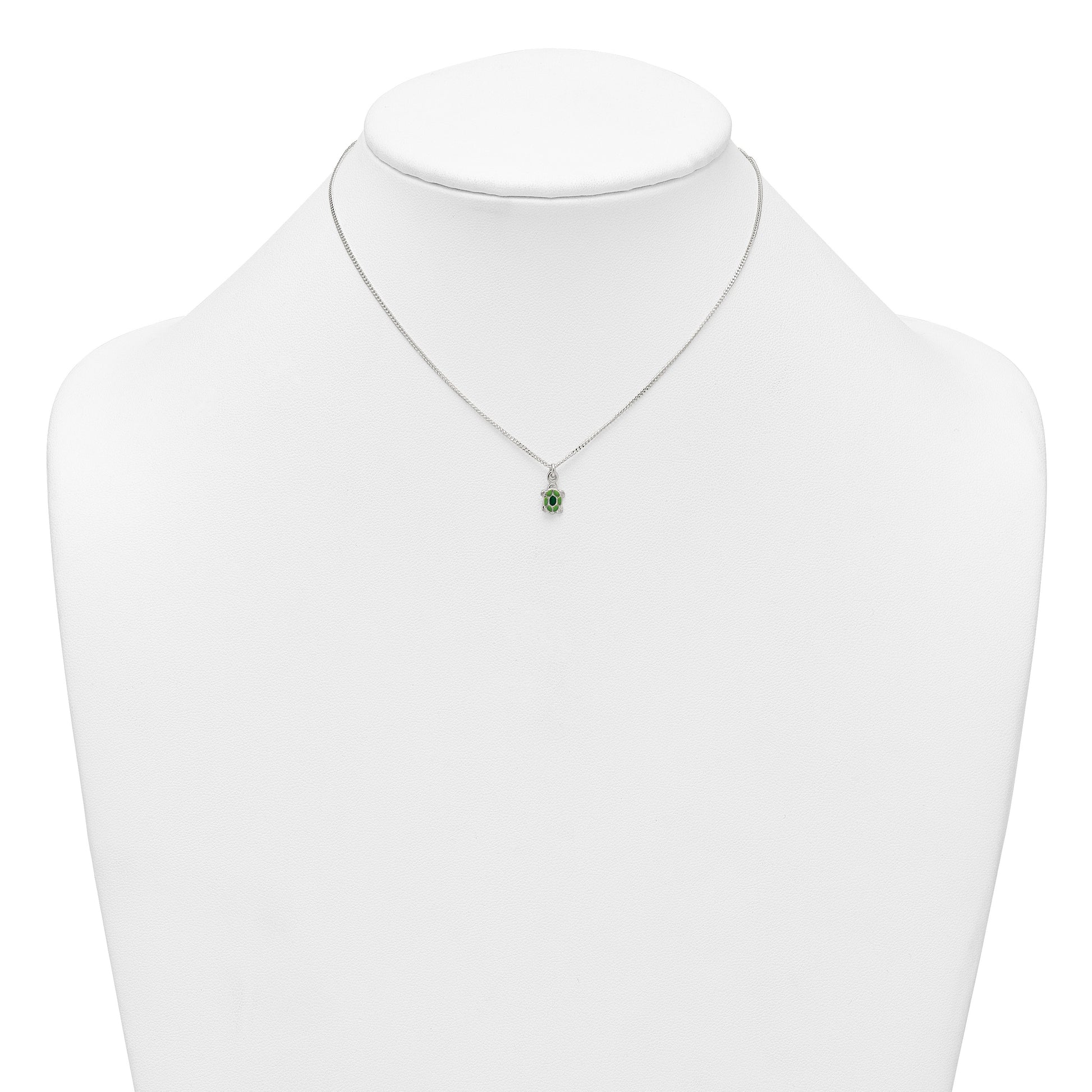 Sterling Silver Polished Green Enameled Turtle Childrens 14 inch Necklace and Post Earrings Set
