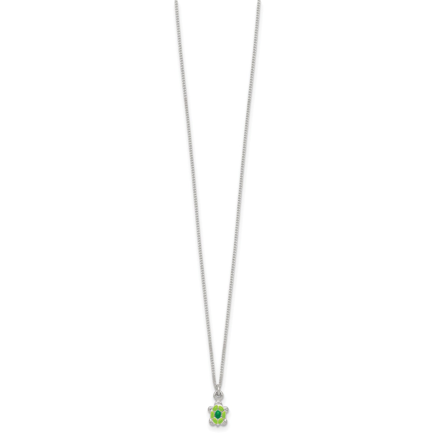 Sterling Silver Polished Green Enameled Turtle Childrens 14 inch Necklace and Post Earrings Set