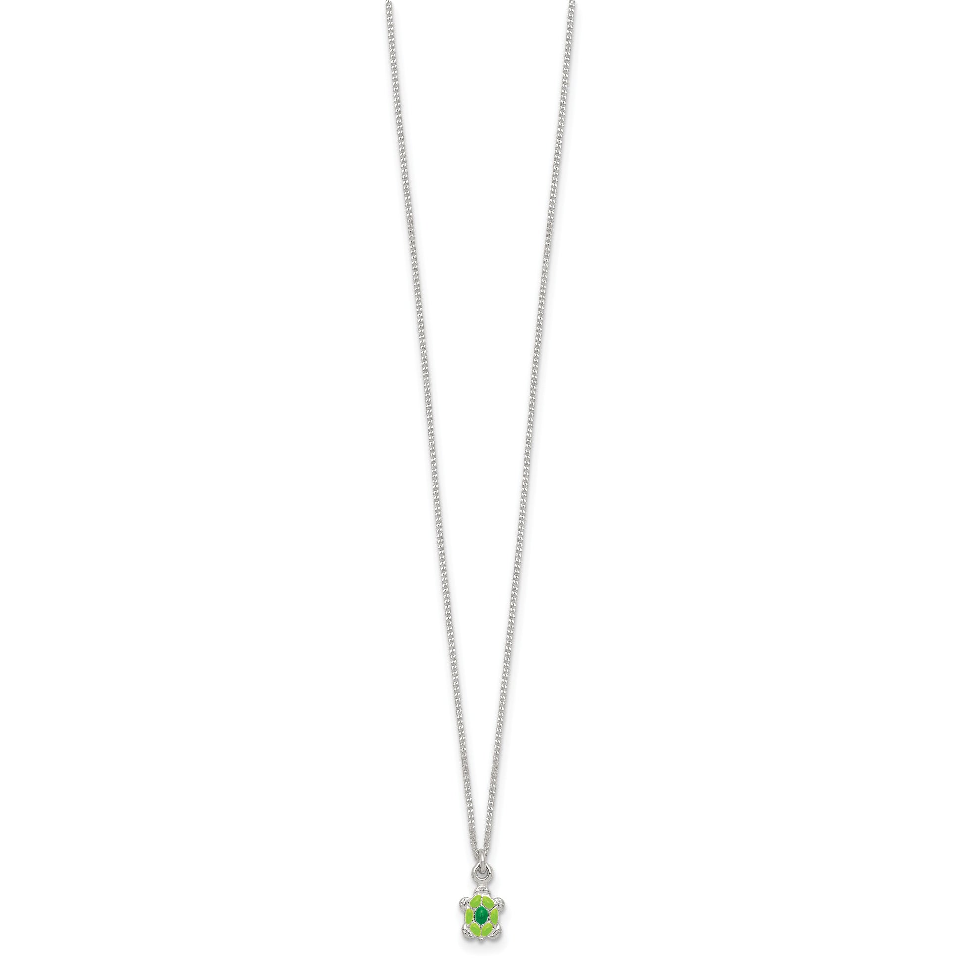 Sterling Silver Polished Green Enameled Turtle Childrens 14 inch Necklace and Post Earrings Set