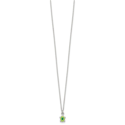 Sterling Silver Polished Green Enameled Turtle Childrens 14 inch Necklace and Post Earrings Set