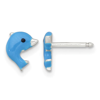 Sterling Silver Polished Blue and Black Enameled Dolphin Childrens 14 inch Necklace and Post Earrings Set