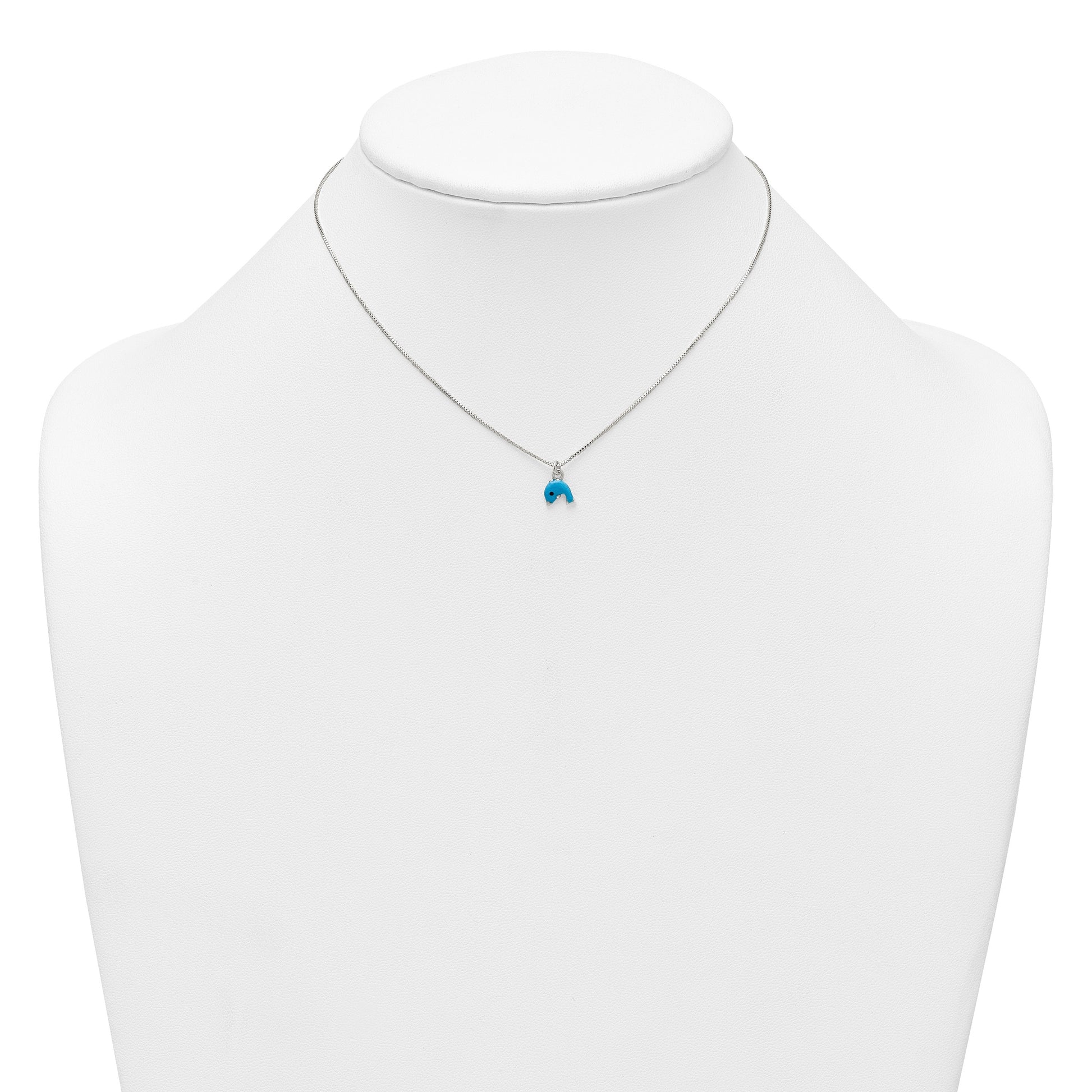 Sterling Silver Polished Blue and Black Enameled Dolphin Childrens 14 inch Necklace and Post Earrings Set