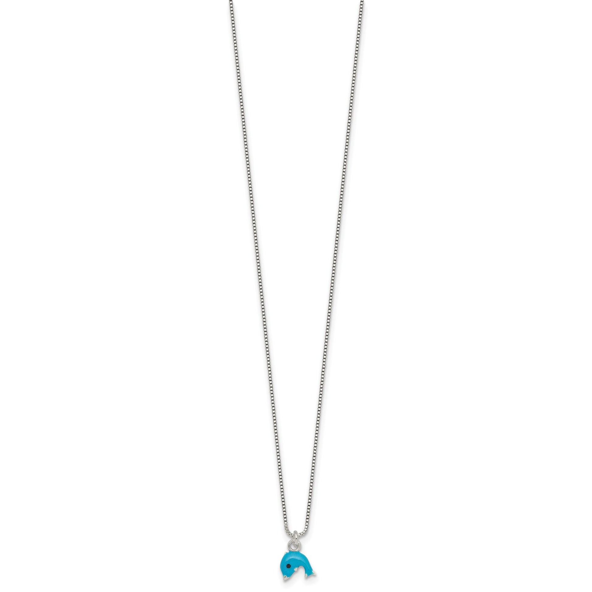 Sterling Silver Polished Blue and Black Enameled Dolphin Childrens 14 inch Necklace and Post Earrings Set