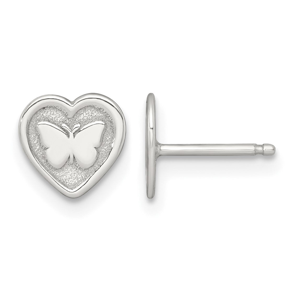 Sterling Silver Polished and Textured Butterfly in Heart Childrens 14 inch Necklace and Post Earrings Set