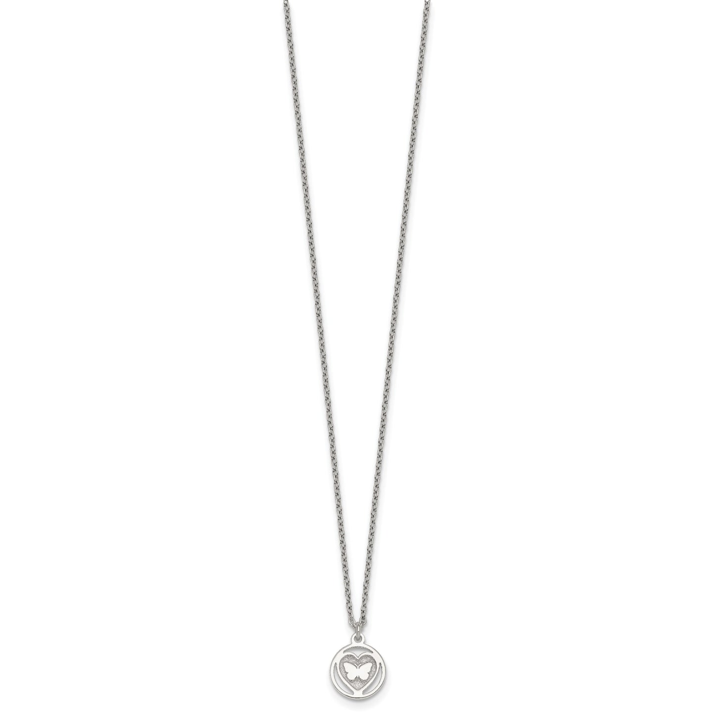 Sterling Silver Polished and Textured Butterfly in Heart Childrens 14 inch Necklace and Post Earrings Set