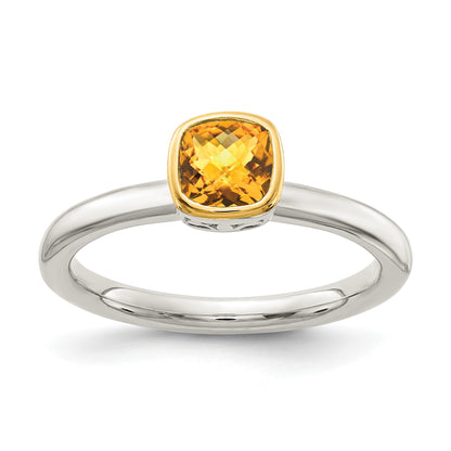 Shey Couture Sterling Silver Rhodium-plated with 14k Accent Polished Cushion-cut Citrine Ring