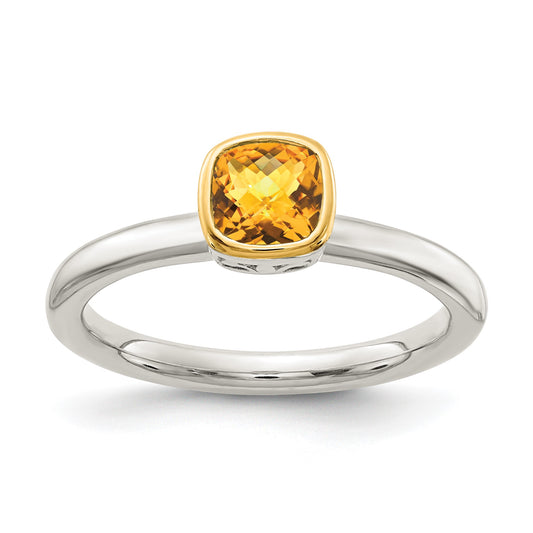 Shey Couture Sterling Silver Rhodium-plated with 14k Accent Polished Cushion-cut Citrine Ring