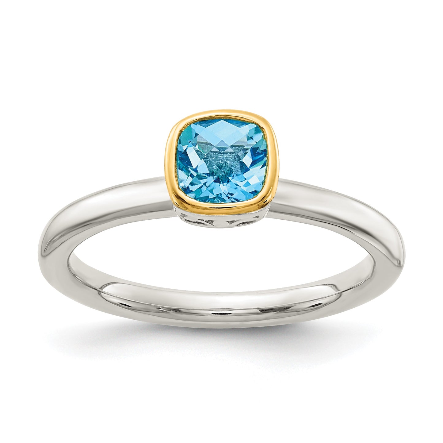Shey Couture Sterling Silver Rhodium-plated with 14k Accent Polished Cushion-cut Light Swiss Blue Topaz Ring