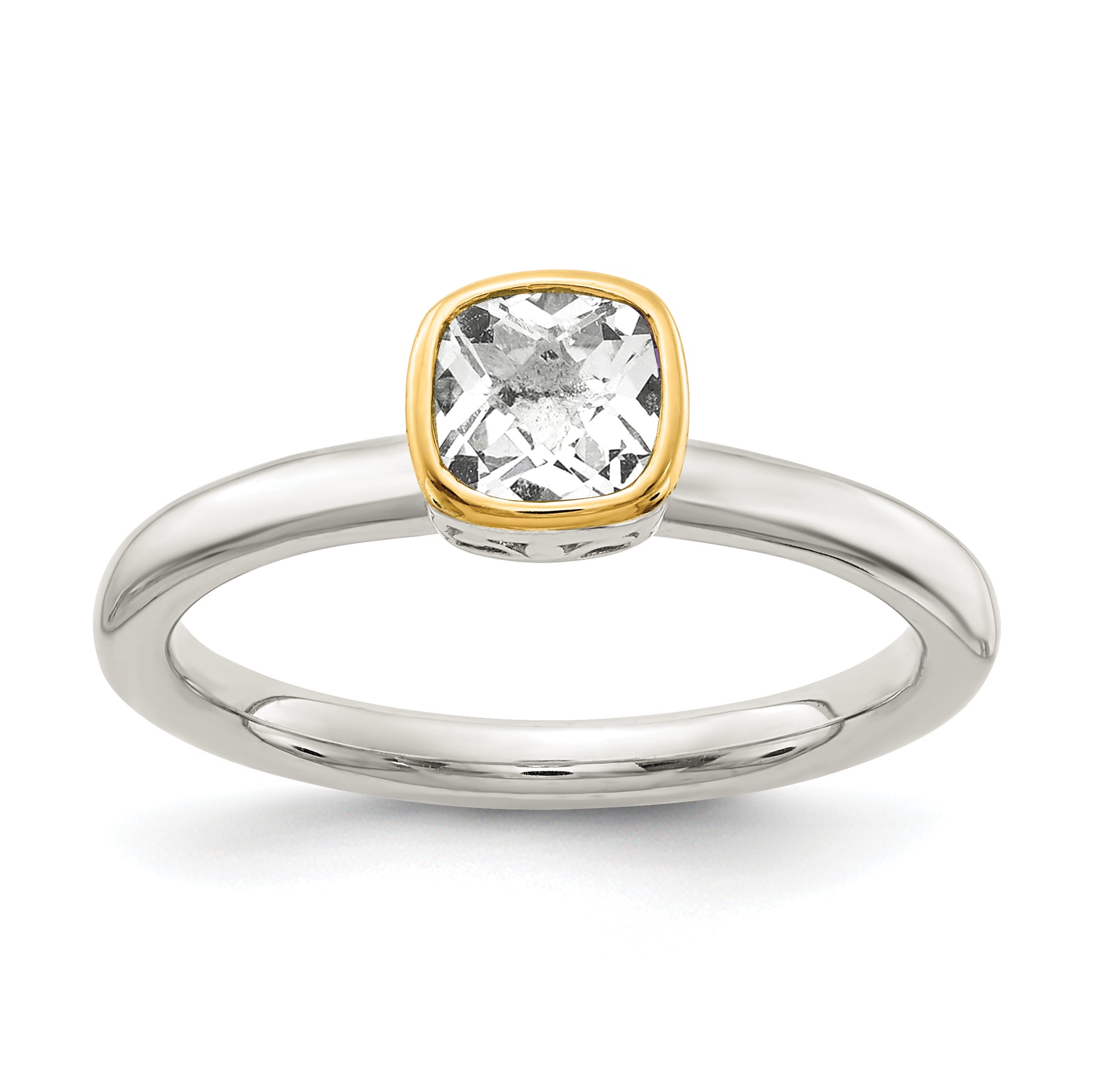 Sterling Silver Rhodium-plated with 14K Accent  Cushion-cut White Topaz Ring