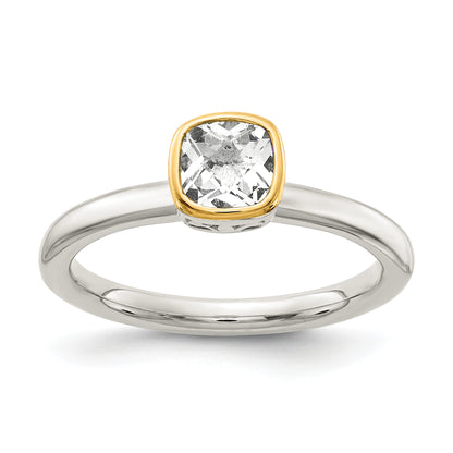 Sterling Silver Rhodium-plated with 14K Accent  Cushion-cut White Topaz Ring