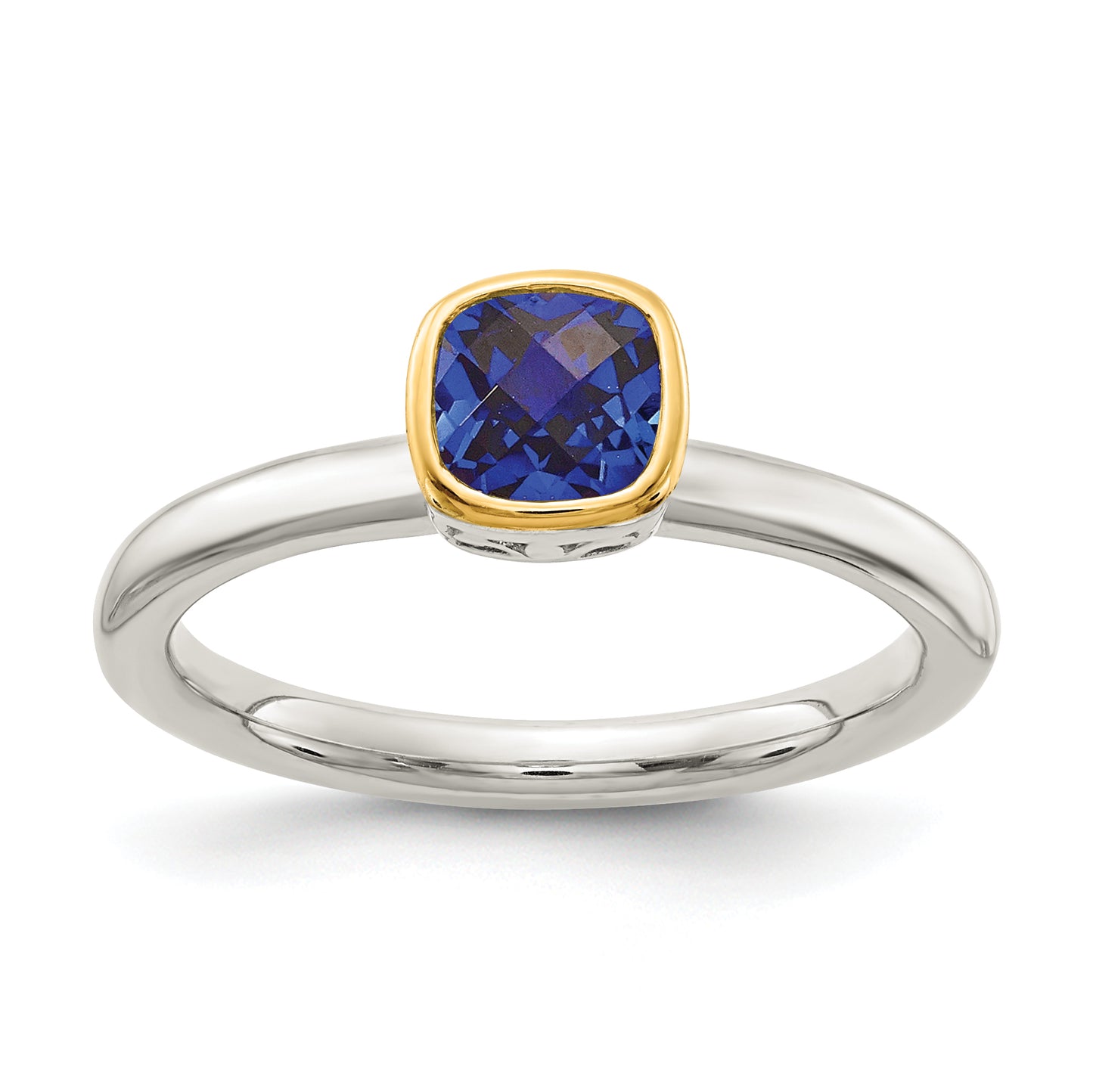 Sterling Silver with 14K Accent  Cushion-cut Created Sapphire Ring