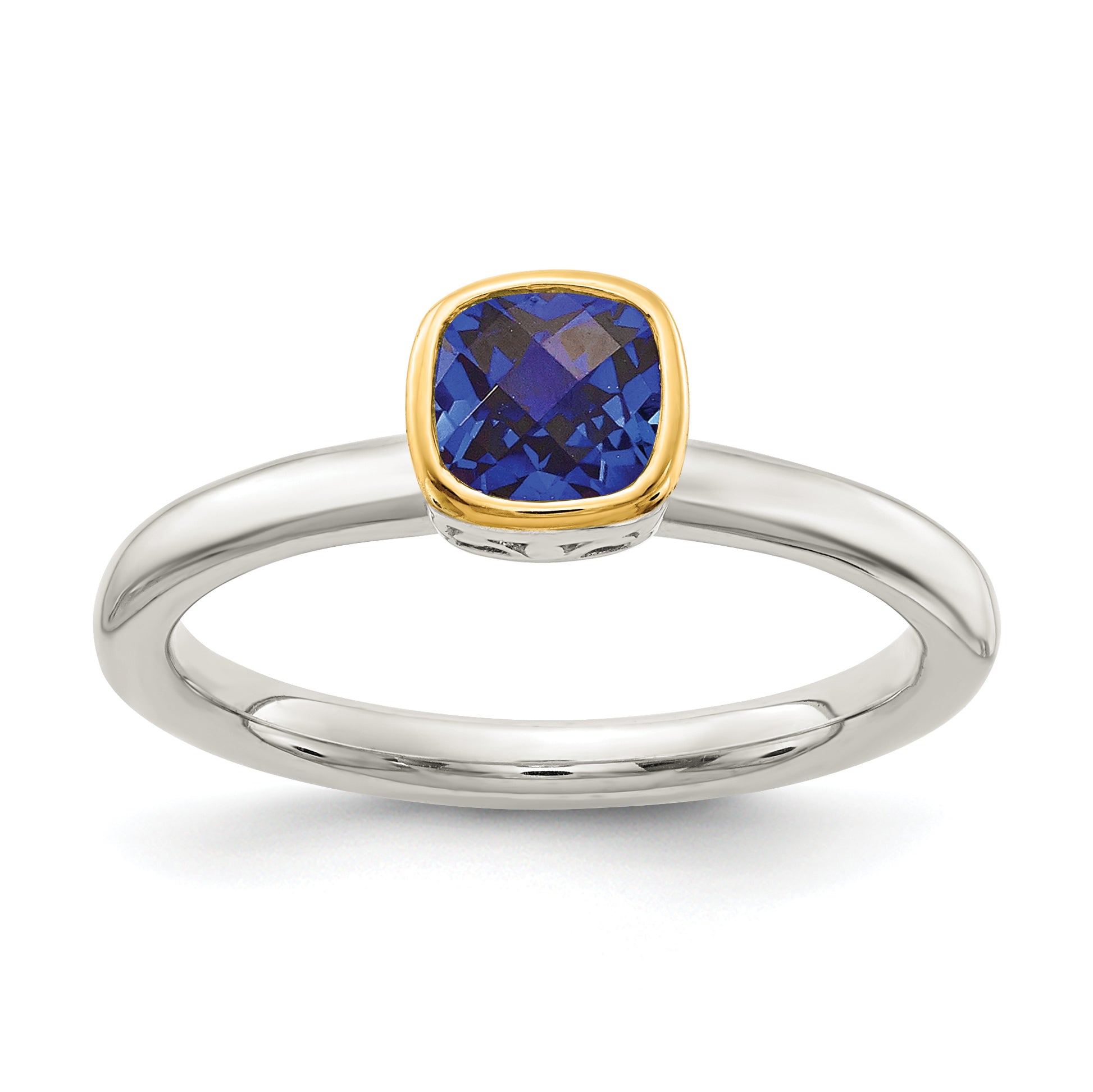 Sterling Silver with 14K Accent  Cushion-cut Created Sapphire Ring