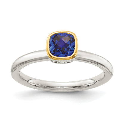 Sterling Silver with 14K Accent  Cushion-cut Created Sapphire Ring