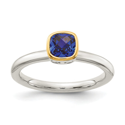 Shey Couture Sterling Silver Rhodium-plated with 14K Accent Polished Cushion-cut Created Sapphire Ring