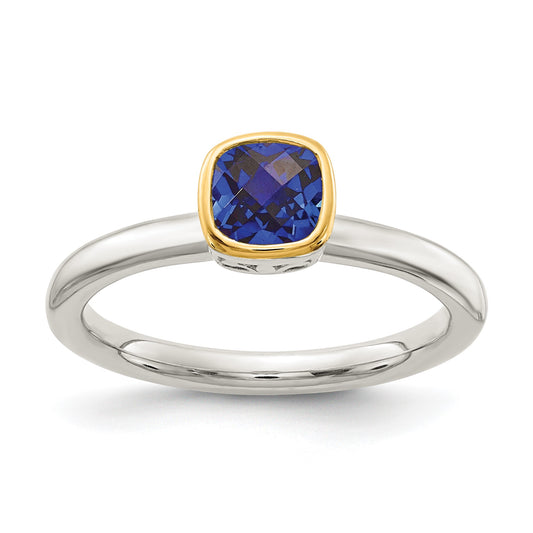 Shey Couture Sterling Silver Rhodium-plated with 14K Accent Polished Cushion-cut Created Sapphire Ring