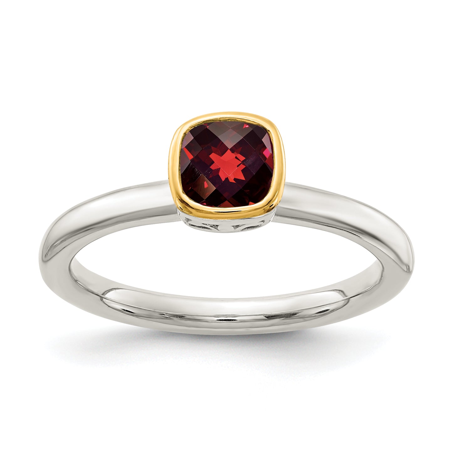 Sterling Silver Rhodium-plated with 14K Accent Polished Cushion-cut Garnet Ring