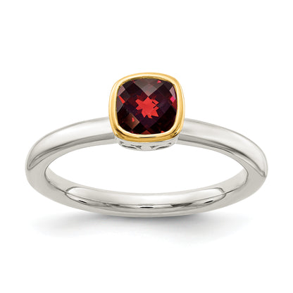 Sterling Silver Rhodium-plated with 14K Accent Polished Cushion-cut Garnet Ring