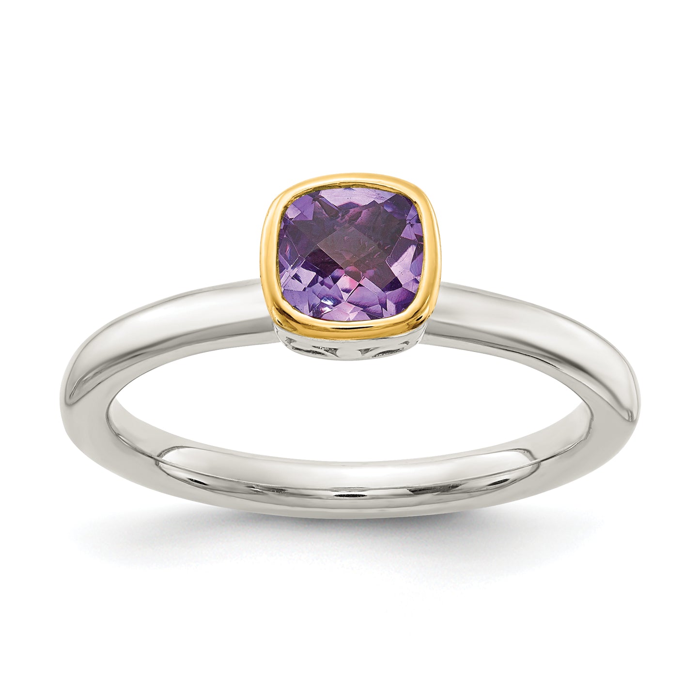 Sterling Silver Rhodium-plated with 14K Accent  Cushion-cut Amethyst Ring