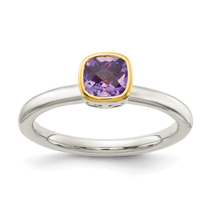 Sterling Silver Rhodium-plated with 14K Accent  Cushion-cut Amethyst Ring
