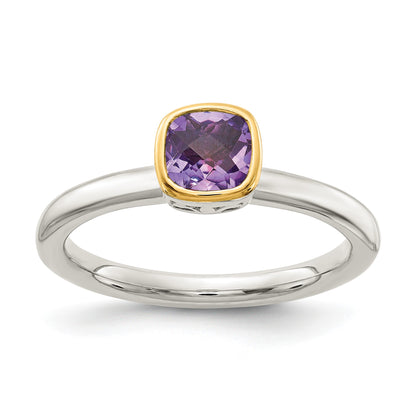 Shey Couture Sterling Silver Rhodium-plated with 14K Accent Polished Cushion-cut Amethyst Ring