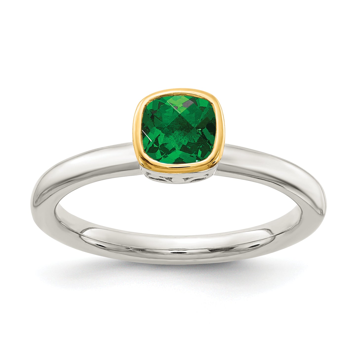 Sterling Silver Rhodium-plated with 14K Accent  Cushion-cut Created Emerald Ring