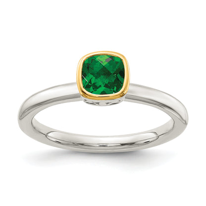 Sterling Silver Rhodium-plated with 14K Accent  Cushion-cut Created Emerald Ring