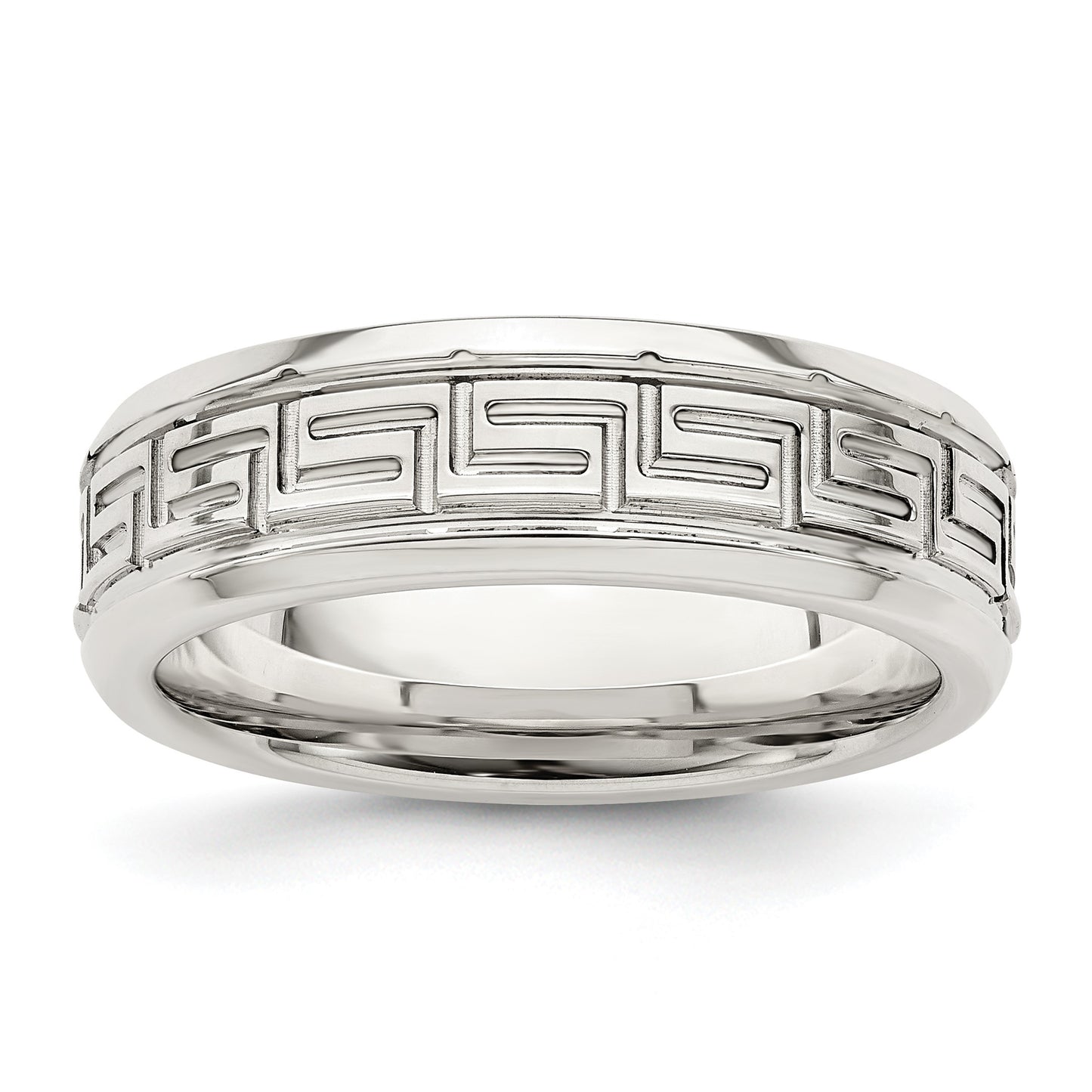 Sterling Silver 6mm Polished Flat Greek Key Design Beveled Edge Fancy Band Size 8.5