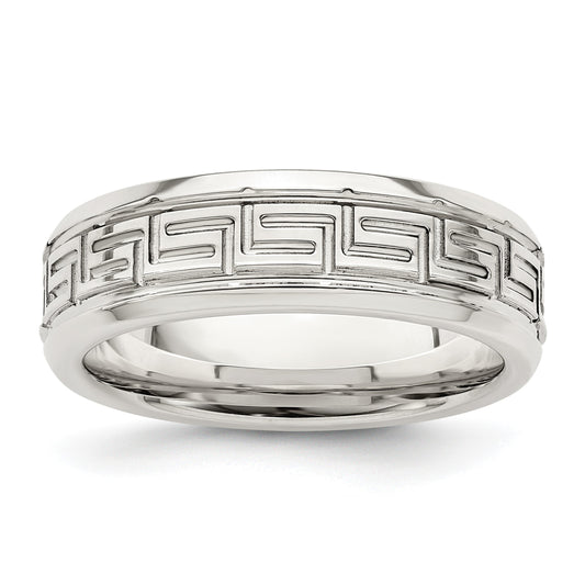 Sterling Silver 6mm Polished Flat Greek Key Design Beveled Edge Fancy Band Size 10.5