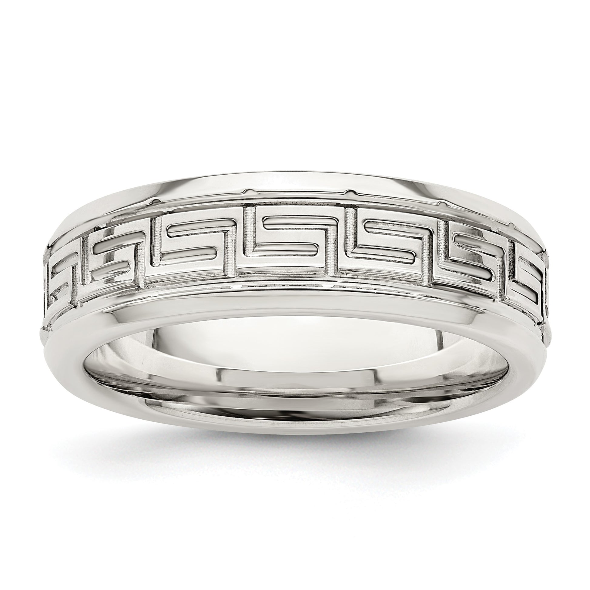 Sterling Silver 6mm Polished Flat Greek Key Design Beveled Edge Fancy Band Size 9