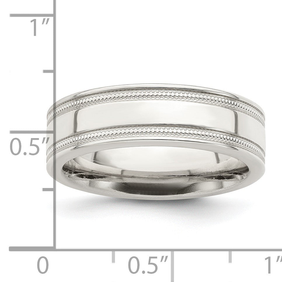 Sterling Silver 6mm Polished Flat Milgrain Grooved Edge Fancy Band Size 12