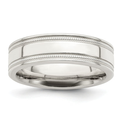 Sterling Silver 6mm Polished Flat Milgrain Grooved Edge Fancy Band Size 12