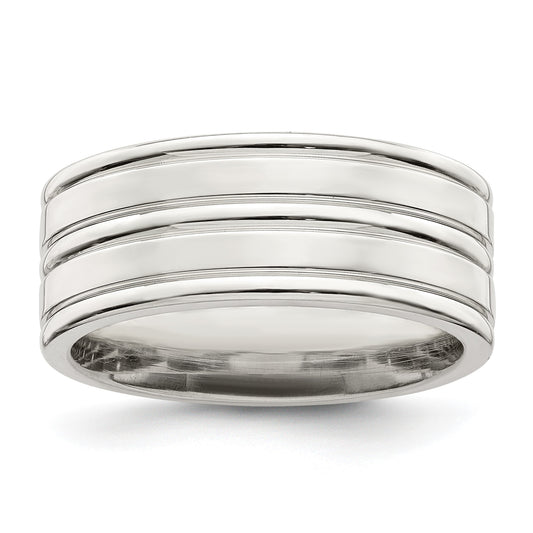 Sterling Silver 8mm Polished Flat Grooved Fancy Band Size 11.5