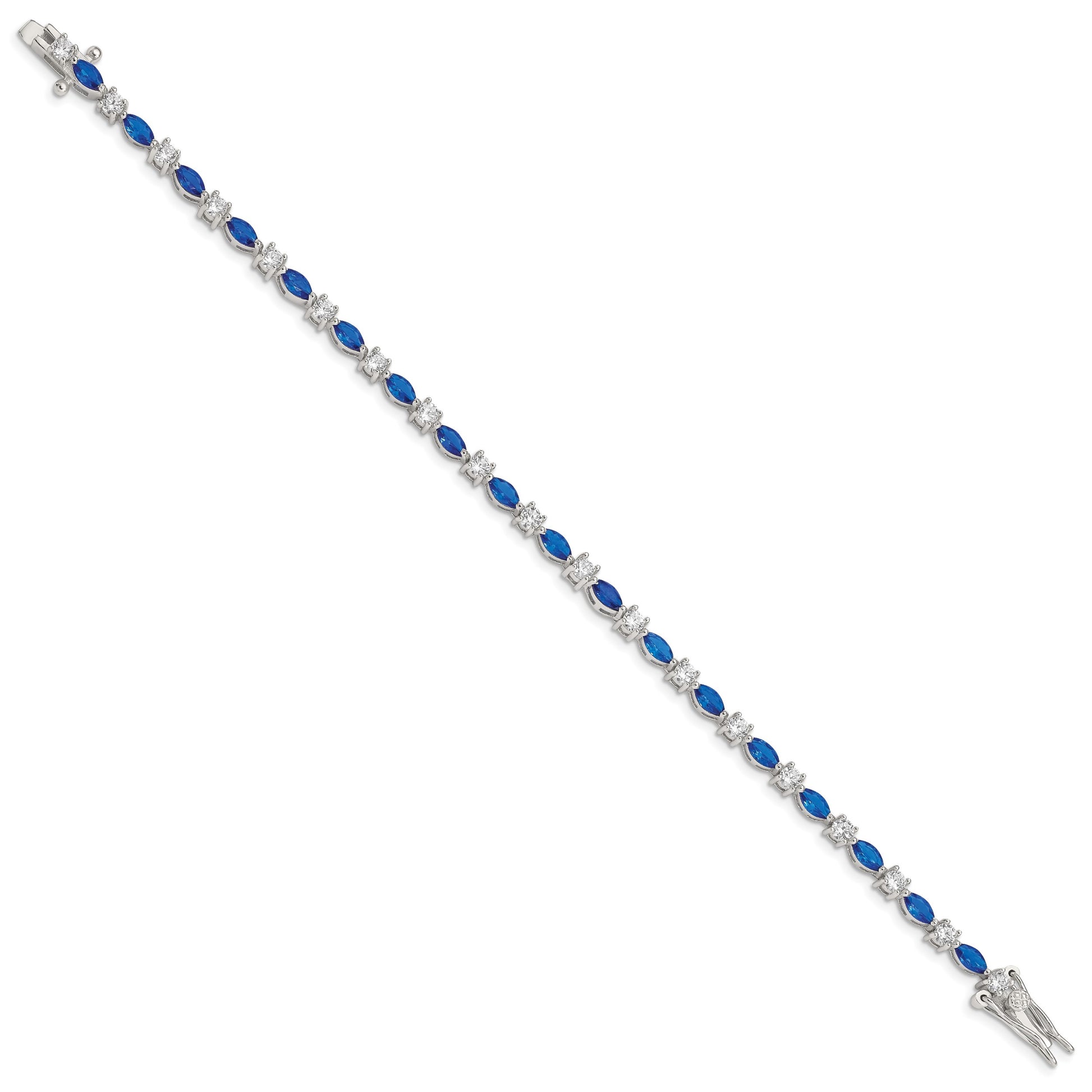 Sterling Silver Rhodium-plated Clear and Blue Marquise CZ  7.75 inch Bracelet